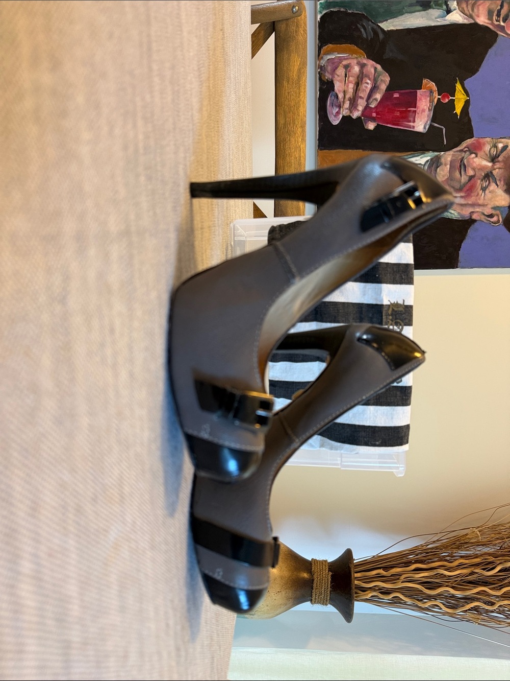 L.A.M.B. Gray with BlackStiletto Pumps with satin trim and buckles